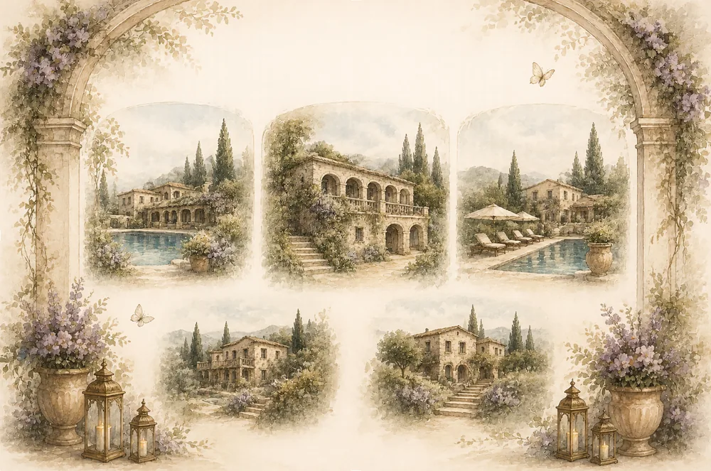 Watercolor of guesthouses in the Chouf mountains